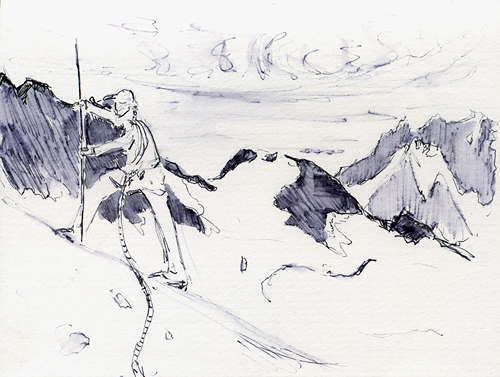 Jeanna probes the glacier, 6" x 4" ink sketch (while roped up) 