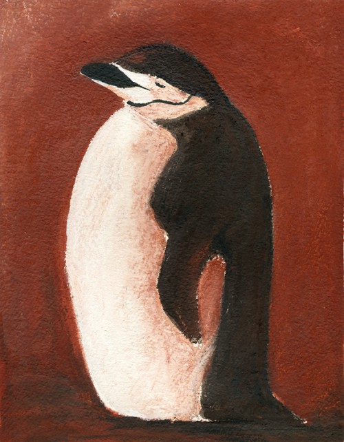 Chinny-chin-chin-strap penguin, 8" x 10" mixed media