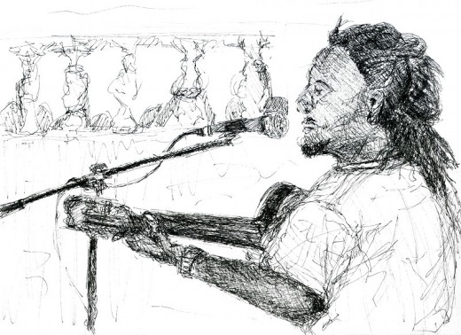 Habib Koité rehearsing at home, ink sketch, 2002