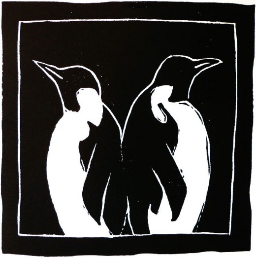 Emperor Penguins, 4" x 4" linoleum print