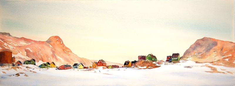 Niaqornat Sunrise, 11" x 30" watercolor and gouache