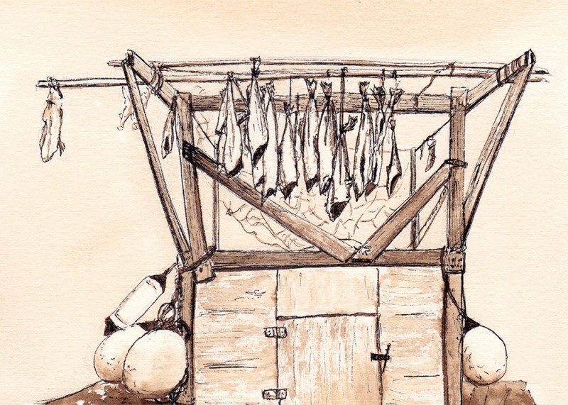 Drying fish, 5" x 7" field sketch