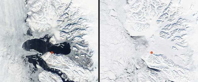 Niaqornat is marked, left image, March 21st, 2013, right image March 20, 2012, Modis Satellite Images from dmi.dk.