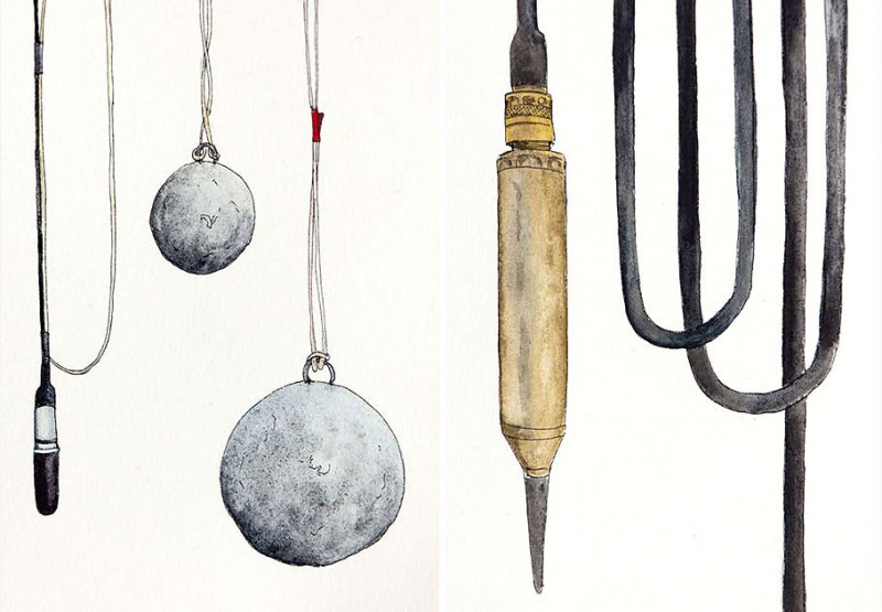 1 of 16 hydrophones anchored with lead weights, and single sensitive hydrophone, 7” x 5” field sketches