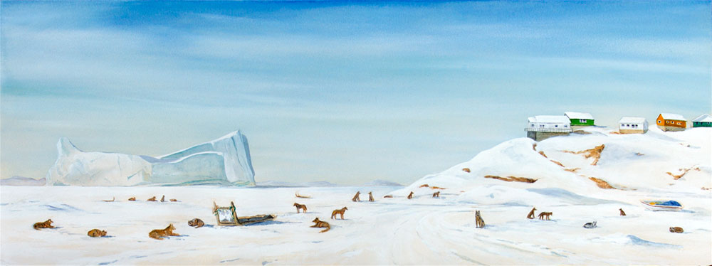 Life on the Sea Ice, Kullorsuaq. 30" x 11" watercolor & gouache on Arches Cover cream paper