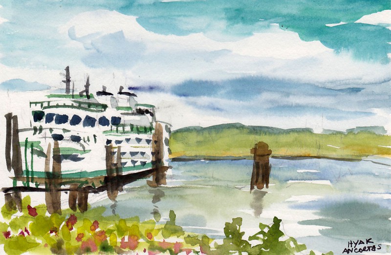 Hyak Ferry, waiting in line at Anacortes. 7" x 5" watercolor sketch