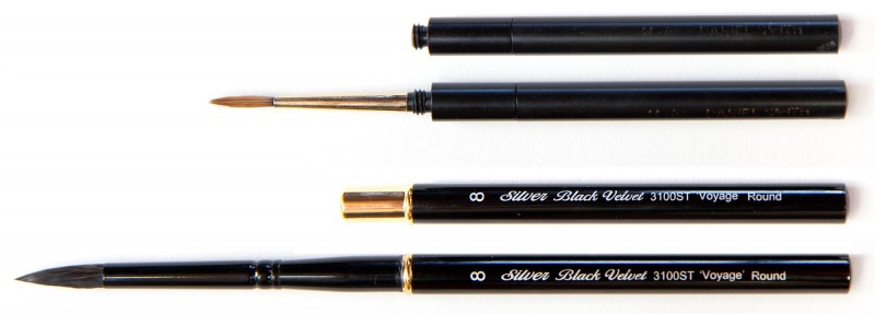 Travel brushes, Silver Black Velvet is 7" wide open, 4.25" closed.