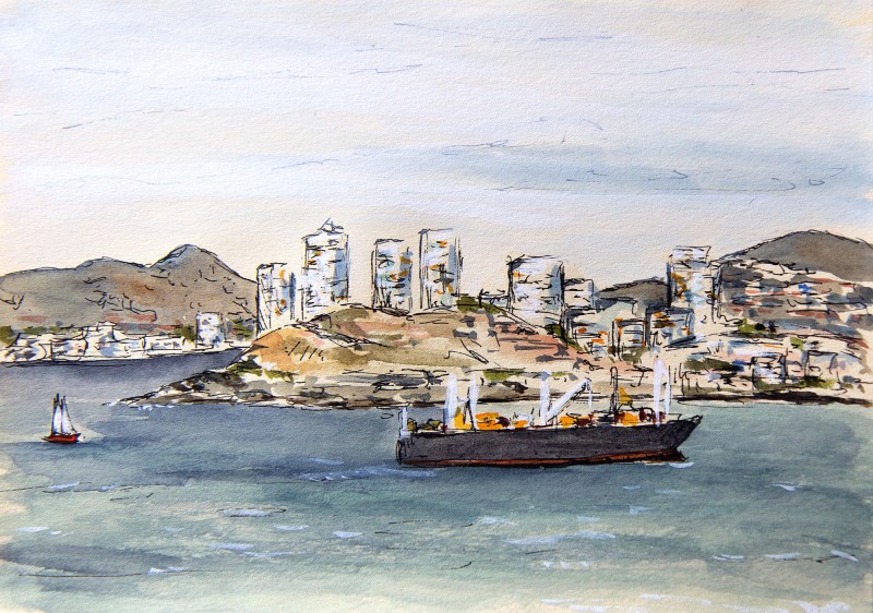 Leaving Valparaiso, 5" x 7" ink and watercolor