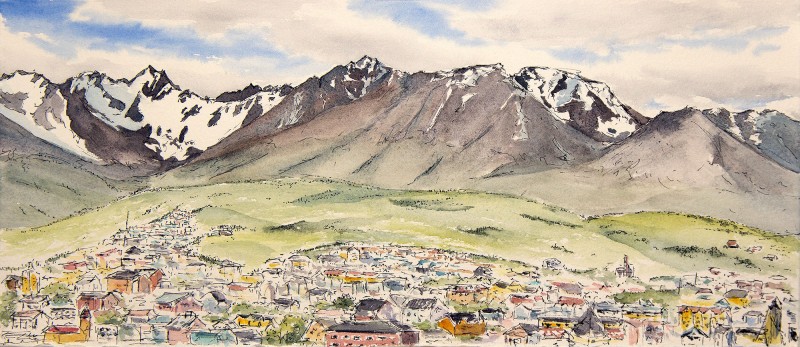 Ushuaia, 6.5" x 15" field ink and watercolor