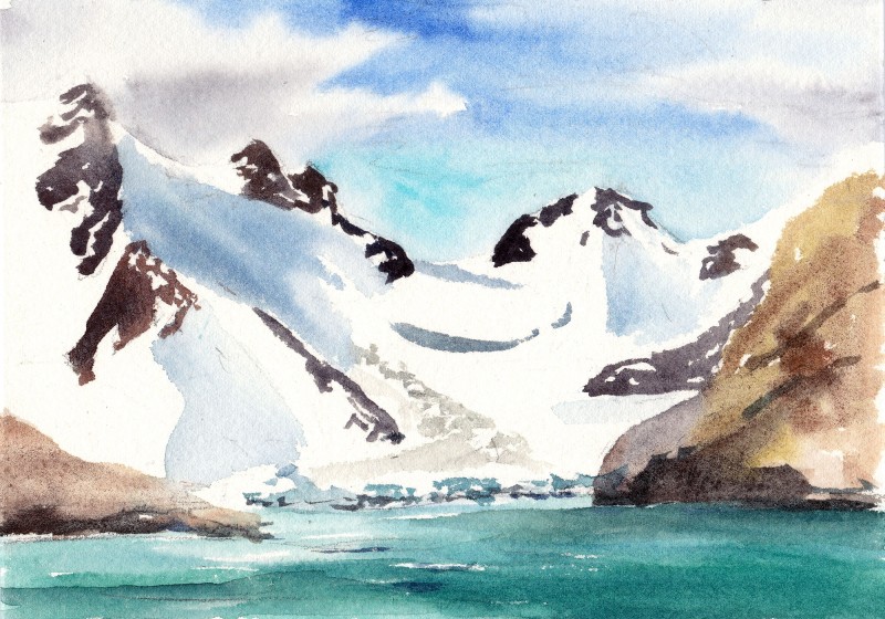 Drygalski Fjord, South Georgia, 5" x 7" field watercolor sketch