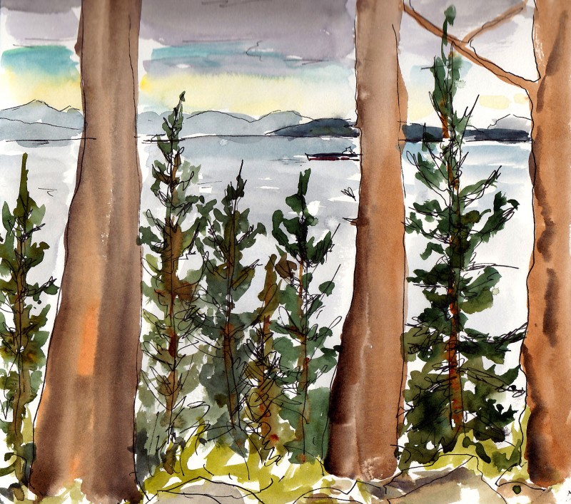 Salish Sea from Chuckanut Drive, 8" x 8" ink and watercolor