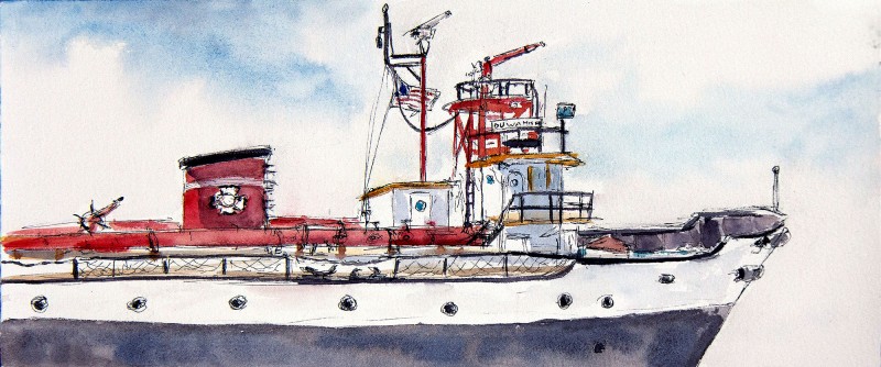 Duwamish fire boat, 15" x 6.5" ink and watercolor field sketch