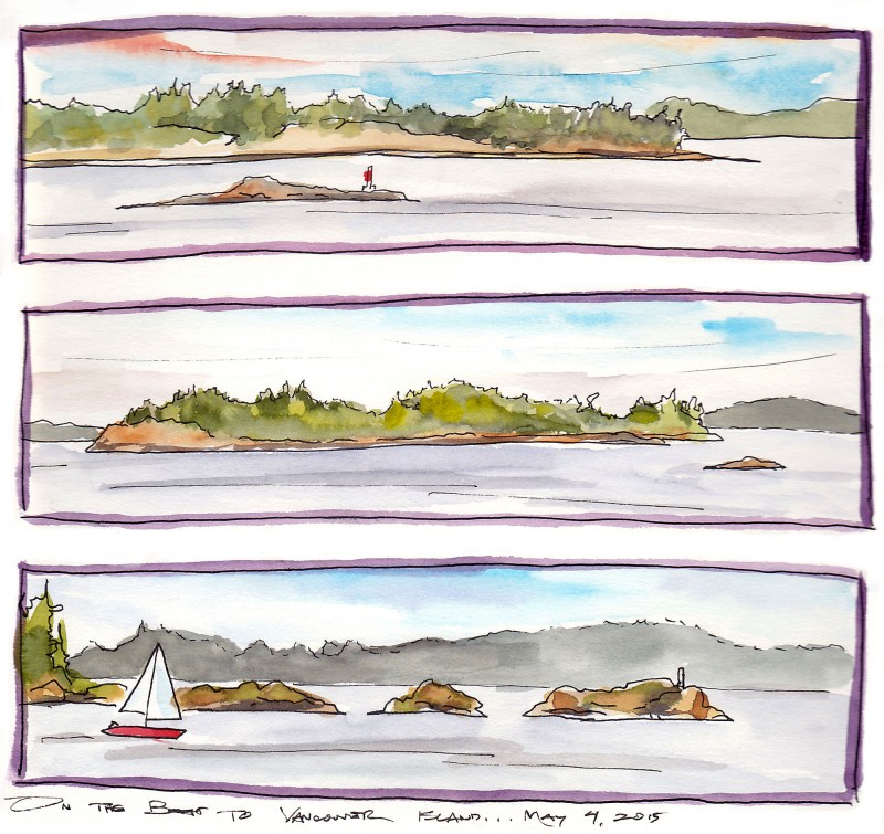 San Juan Islands, 8" x 8" sketchbook, ink and watercolor