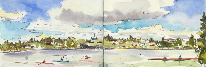 Big Sky at Greenlake, 3.5" x 11" sketch in Moleskine notebook.