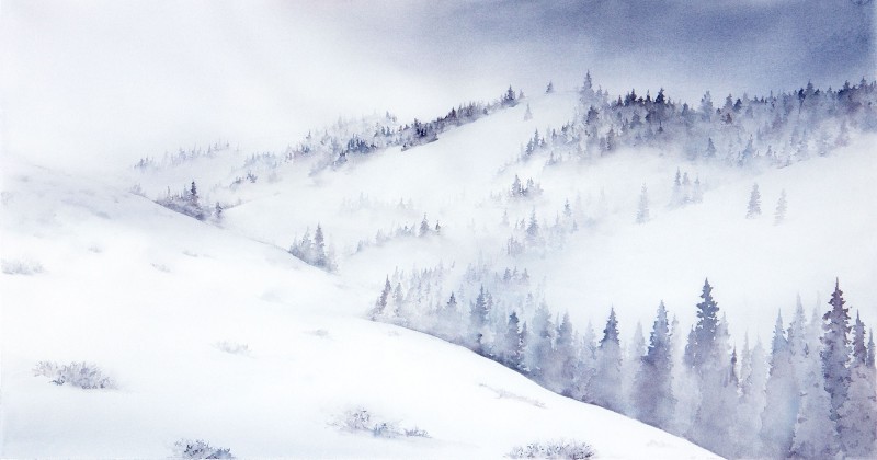 First snow, Up Wolf Canyon, 15" x 29" watercolor