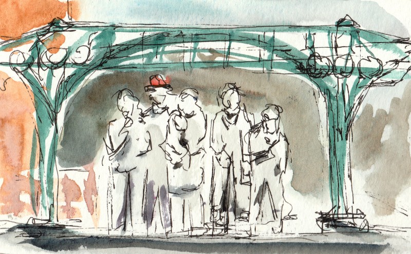 Waiting for the Interurban, 3" x 5" moleskine sketch