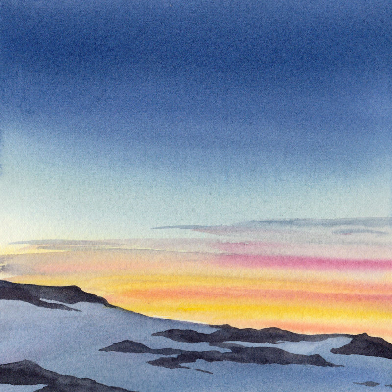 Sunset ridgeline, 5.5" x 5.5" watercolor