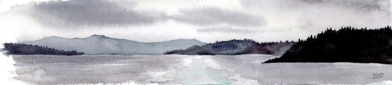 a purple/grey watercolor of islands, sky, and water.