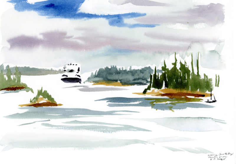 a loosely painted watercolor with blue sky, clouds, islands, and a ferry 