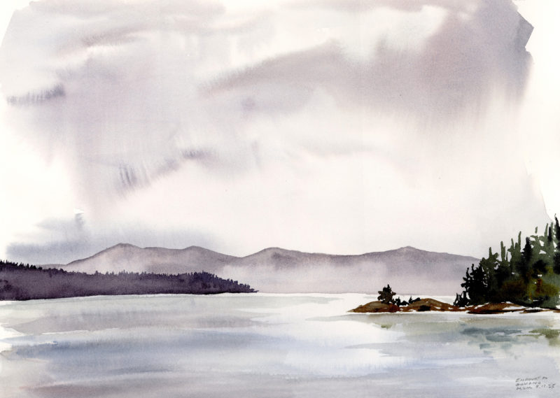 a grey/purple watercolor of islands, sky, and water.