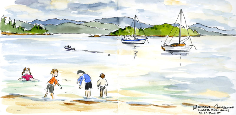 An ink and watercolor sketch of kids playing in a harbor with boats and islands in the background.