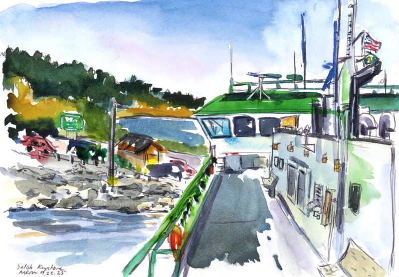 In ink an watercolor sketch of a ferry deck and wheelhouse with landscape in the distance