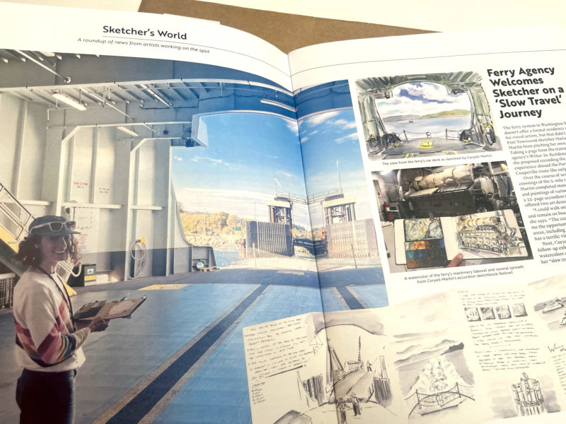 Interior pages of a magazine featuring sketches and a photo of woman sketching on a ferry boat car deck. 
