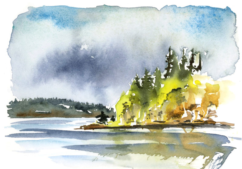 a watercolor painting of a hill with trees on the water with dramatic clouds and an island in the background.